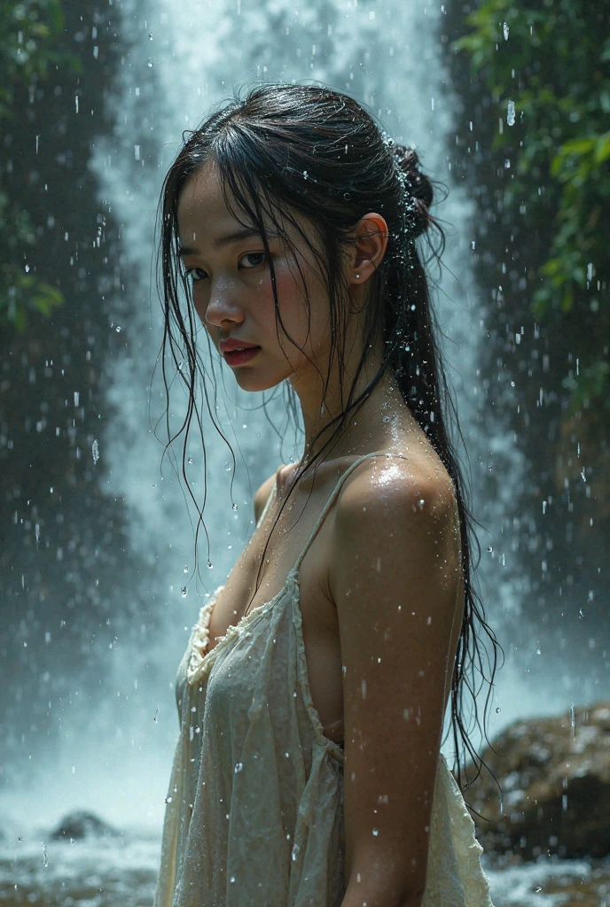 A beauty in a thin white dress, Wet hair, Underwear rain, Clothes were soaked with rain, Revealing the skin, messy hair, nose blush, high detail, close-up, UHD