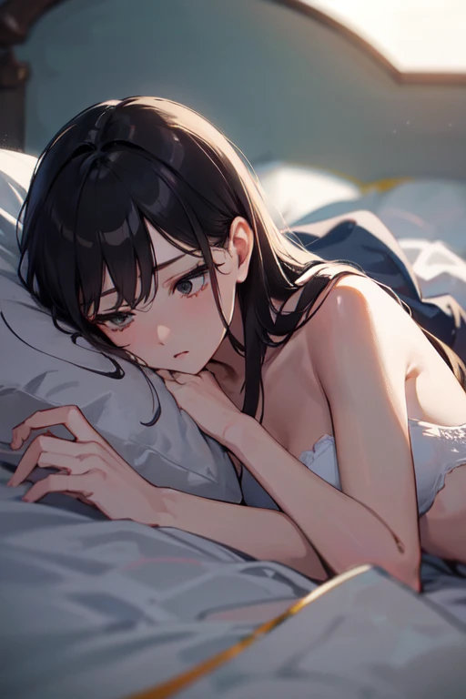 no、Brown hair(long)、Perforated earlobe rings、Sleeping in bed