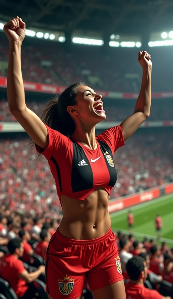 YouTube Thumbnail for Germany EM Football Match: Sexy women in focus wearing model underwear outfits in red-gold-black colors exactly like the german flag, celebrating German fans with many flags and blurred, cheering German football players in the background.