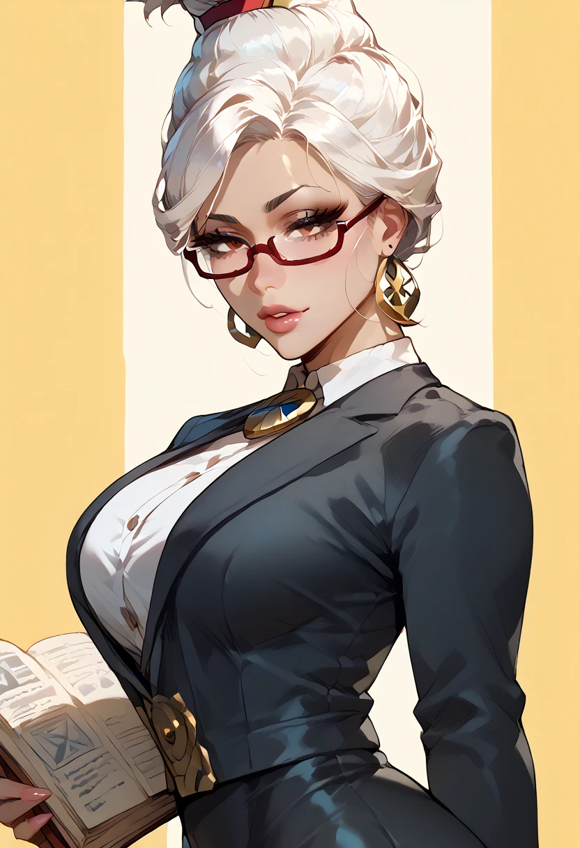 Hot, sexy, beautiful and lovely secretary,Brown See-Through Tee,Black pencil skirt,coat, Indian silver jhumka earrings,Large Breasts, Lipstick,cosmetic,White hair,Blue shade,Hair Bun,Two fallen hairs,blush,