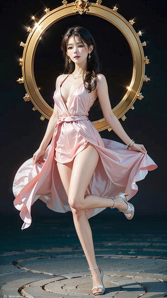 ((masterpiece)),(((Highest quality))),A low-angle shot that highlights beautiful thighs:1.5,Long legs,The best smile:1.5，Slim figure:1.5，whole body:1.5，(one person&#39;s:1.3),(Pointy high heels:1.3),(Wearing a floral long skirt dress:1.2),Curly Hair:1.5，