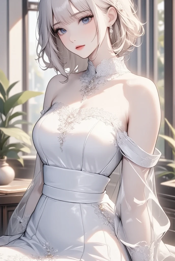 Long white hair, grey eyes, slim,elegant dress,front view, 8k, best quality, high resolution.
