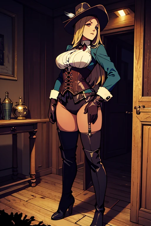 Roxanne standing, straight, longhair, messy blonde hair, maid with armor, metal high heels, smile red cheeks leather collar choker neck bell collar, corset, dog fluffy ears, happy closed mouth