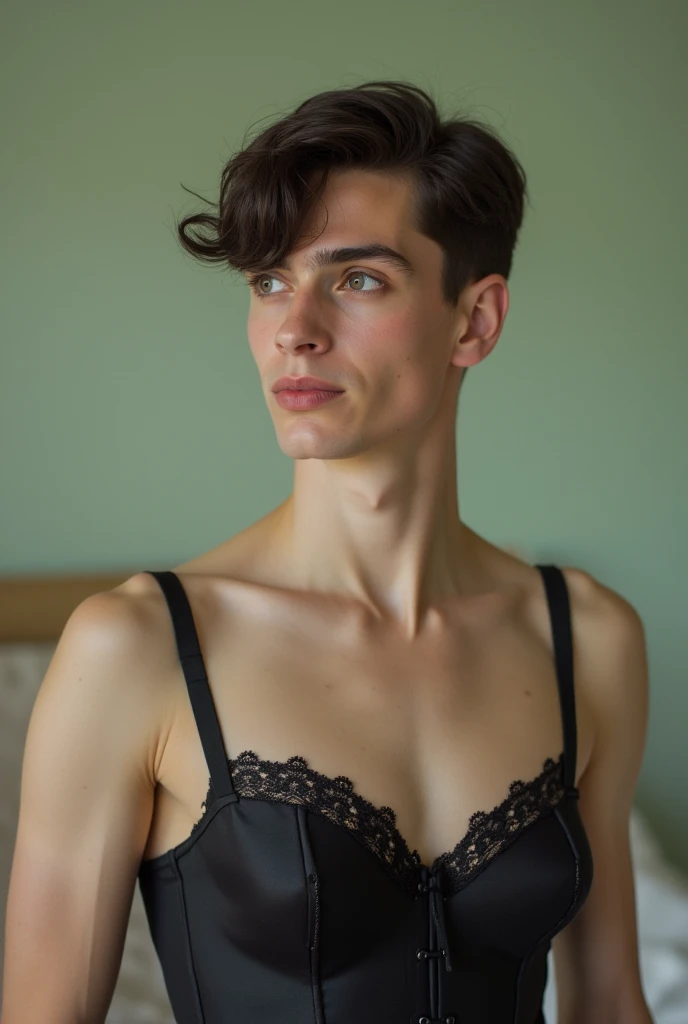 Man in sexy women's lingerie , not muscles, normal physique, perfect butt, short curly hair, sexy pose