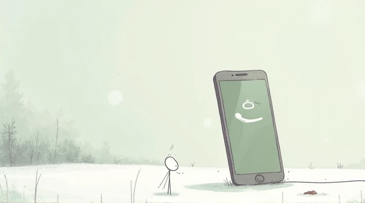 42. She says, “Hang up… before I get weak” — cute flat illustration, minimalistic, like art — snowy background with fading call screen — tearful restraint — stick figure — light beige background — digital drawing, no text, soft shadow.