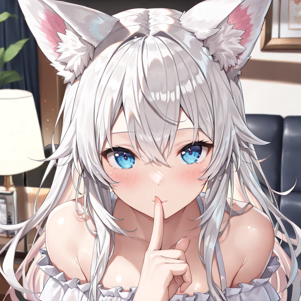 close up, face focus, upper body, 1girl, fox ears, blue eyes, shushing, evil smile, large breasts
<lora:Concept_Shushing:1>