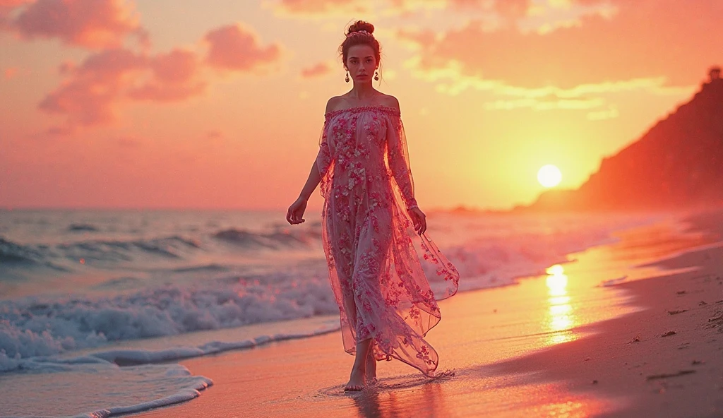 anikaxxx, ultra-realistic, woman standing by the shore, wearing the same light floral summer dress, the setting sun casting a golden glow, gentle waves lapping at her feet, holding her sandals in one hand, gazing at the horizon with a peaceful smile, the sky painted in hues of orange and pink, photorealistic.
