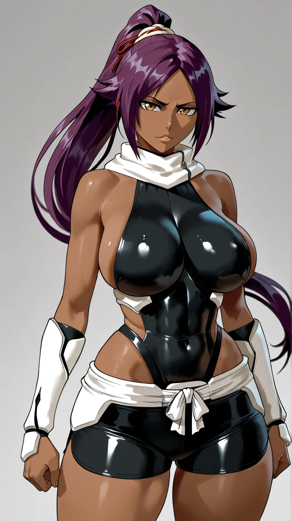 (solo:1.1),(masterpiece), (best quality:1.3),, highly detailed, intricate, professional art, digital art, absurdres, confidant, Blackfire, futanari Blackfire wearing an armored bodysuit with pants and thigh-boots posing confidently in night-club,(armored bodysuit:1.3), (Blackfire silver armored:1.3),(detailed face), 1girl,(sadistic smirk), solo,(slender build),(Long legs:1.1),(broad shoulders), (long sleeves), black hair, (purple eyes colour), (golden tanned skin:1.4), wide hips, (aroused:1.2), (futanari:1.1), (makeup 1:1), (black lipstick:1.3), large penis, (huge crotch bulge:1.3), (Long crotch bulge:1.3), huge testicles, universal lighting, small head,(Bubble Butt), gluteal crease,
