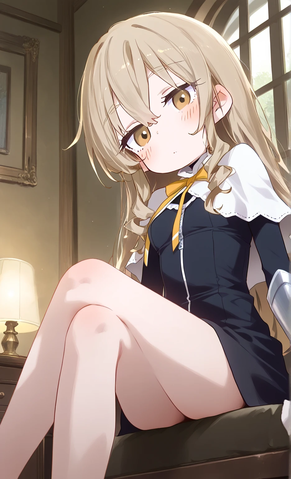 1girl, , , masterpiece, best quality, 10 years old, medium blonde hair, forehead visible bags, yellow eyes, hat, heart, black headwear, puffy short sleeves, log black skirt, heart hads,,1girl, solo, yellow eyes, yellow hair, bow, hat bow, socks, black footwear, black skirt, short sleeves, yuki (touhou), black vest, white sleeves, frill skirt, light smile