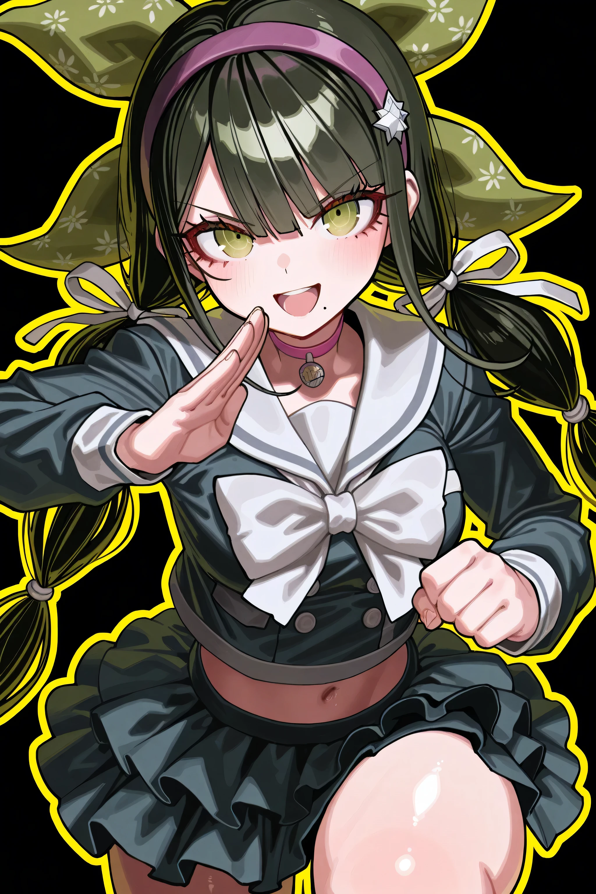 kmj-anonstyle, [artist:yoneyama mai], [artist:kanzarin], [artist: ekrea_jan], masterpiece,best quality,amazing quality, 748cmstyle, solo, eye focus, danganronpa (series), danganronpa v3: killing harmony, chabashira tenko, 1girl, black hair, bow, choker, eyelashes, fighting stance, foreshortening, green eyes, hair between eyes, hair bow, hair ornament, hair ribbon, hairband, happy, layered skirt, light blush, long hair, long sleeves, looking at viewer, low twintails, mole, mole under mouth, navel, open mouth, outline, pink choker, pink hairband, pleated skirt, ribbon, sailor collar, school uniform, shiny skin, shirt, simple background, skirt, smile, solo, thighs, twintails, very long hair, white bow, yellow outline