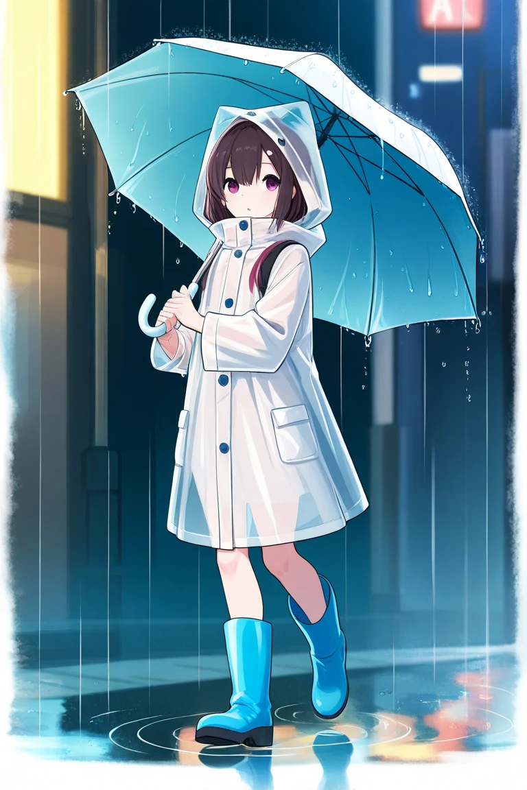 Photo of a with an umbrella on a rainy day、The umbrella has a large colorful pattern、long boots、The road surface is wet