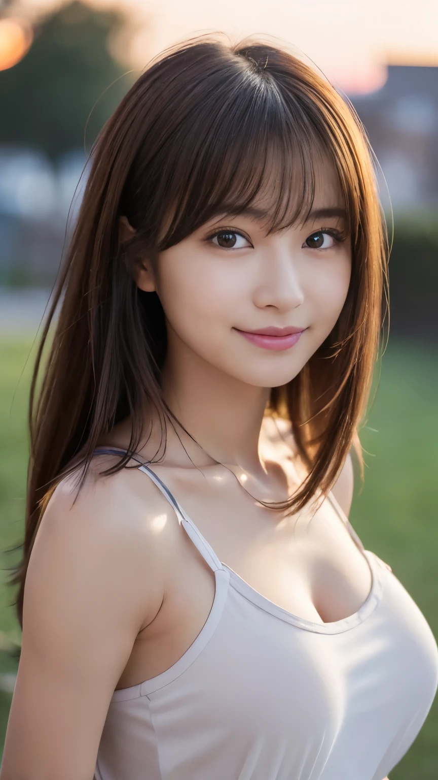 masterpiece, best quality, ultra high res, ultra detailed, sharp focus, 1girl, solo, a stunning pretty and beautiful Japanese sexy model, 19yo, looking at viewer:1.3, (bright smile:0.6), wearing a (blouse), dusk, sunset, night, realistic, slender, (standing:1.1), (looking at the viewer:1.3), sexy gaze, blush, (upper body shot:1.6), medium hair, messy hair, asymmetrical bangs, light brown hair, messy hair style, ((white see-through tank top、nipple:2.5、Hands behind head、smile:1.5、Light clothing))、((全裸:2.0、乳首が透ける:1.8))