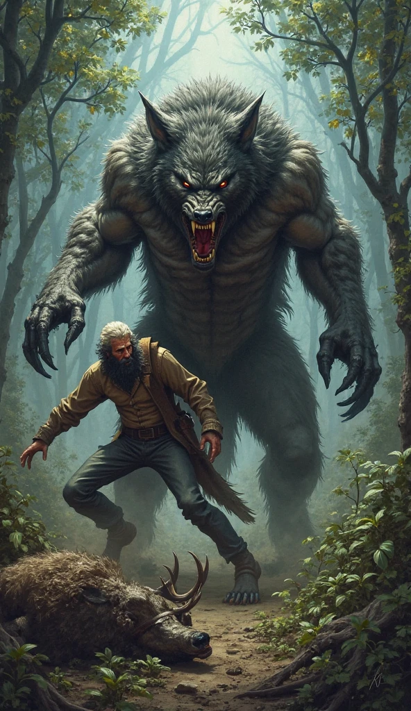Create an image of an old muscle man fighting a monster