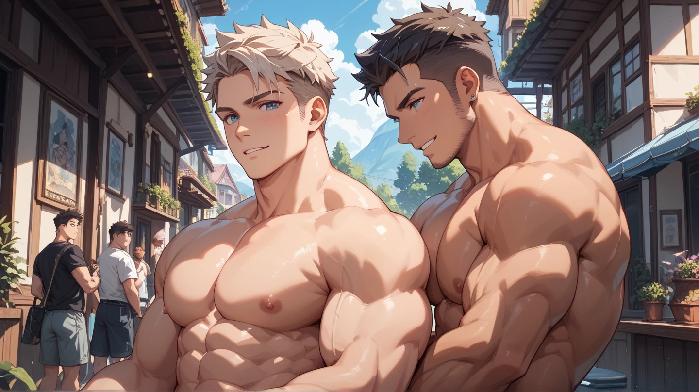 Two characters in the scene. Two identical teenage twin brothers, both with mischievous smiles, slim and muscular bodies, pretty faces, honey-colored eyes, oily and shiny skin,
the twin on the right with short black hair in a pompadour, the twin on the left with short white hair combed to the side. They are standing inside a teenage bedroom, with their backs bare, wearing small swim trunks with their hands on the waist of the other in underwear and with a huge bulge in the groin.