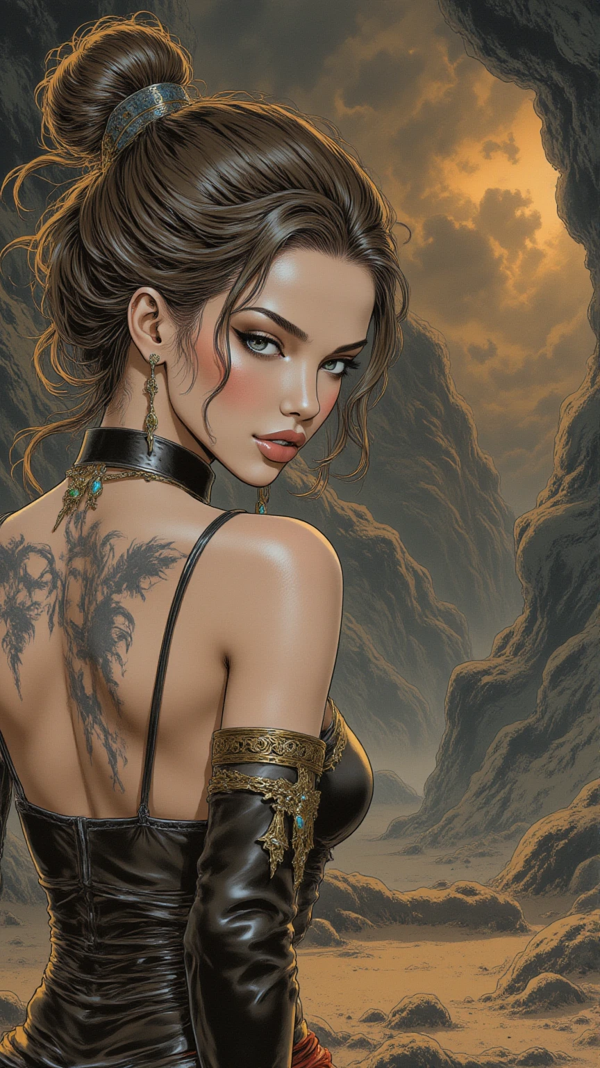 (The best quality,Ultra HD 8K, A high resolution,Ultra - detailed,actual:1.4 ),beautiful voluptuous woman in a yellow kimono , ,(Ruined dungeon ruins background:1.4 ), score_9, score_8_above, score_7_above, score_6_above, classification_explicit, 1 girl, ((18 years:1.2)), adult, full lips, ((by rubio:1)), (cabello ondulado long: 1.2),(Face details: 1.5, bright blue eyes, beautiful face, pretty eyes, iris coating, thin lips: 1.5, delgado, pale and sharp eyebrows, long, dark eyelashes, double eyelashes),(dynamic pose de vaquero : 1.4)), (perfect hands detailed : 1.5), (( young woman alone, oriental features: 1.6)), (( beautiful, sensual and self-confident: 1.5)), (( light Brown and shiny eyes, by afro:1.5)), ((ultra detailed:1.5)), sensual smile, beautifuls labios carnosos y brillantes., with tattoo on arm and cheek, Attractive hairstyle:1.2, cyberpunk, cyberpunk guapo, dreamer, ((beautiful and detailed hair., soft and shiny:1.3)), dark atmosphere, ropa cyberpunk, Ultra-realistic 8K,(white giant dragon background:1.4), cyberpunk 20 años. a model , The portrait, Very detailed 32k digital art, beautiful digital artwork, cyberpunk. ((colors, cian, vegetables, rosa, Brown: 1.2)), Realistic 8k digital art., soft neon lighting on the face and body, ((Very detailed: 1.4), ((masterpiece)), (hyper detailed and beautiful: 1.3), (photorealistic: 1.4),( perfect anatomy), ,(Ruined dungeon ruins background:1.4 ), (dynamic pose), (estilo encaje lioferie white :1.4), (back view, back view),of_DeepNegative_v1_75t