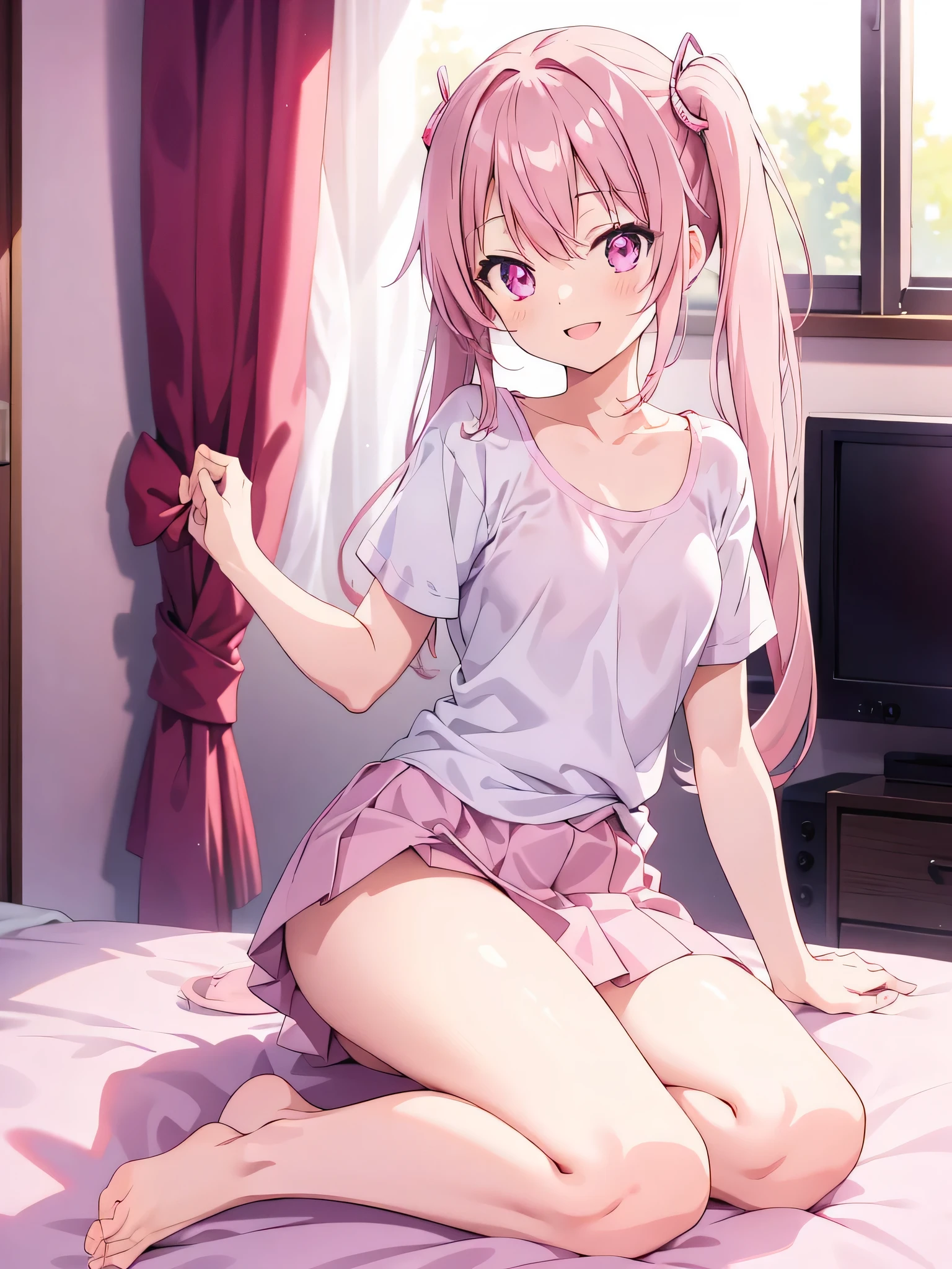 pink eyes, (anime:1.2), cute, masterpiece, Best Quality, high definition, highly detailed representation, Light background, smile, shadow, light source, small breasts, (barefoot:1.1), twin tails, pink hair, Sparkling, white camisole, my room, morning, living room, school uniform