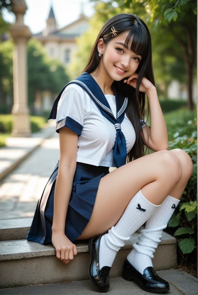 high school girl, , ((Sailor suit:1.3)), ((Red ribbon)), Black pleated skirt, mini skirt, Brown leather shoes, ((Black knee-high socks)), height: 158cm, 16 years old, Realistic, Browsing Caution, ((Pussy Crack:1.1)), ((spread pussy:1.1)), On the stairs in the park, ((Shiny skin:1.3)), cute, cute, Japanese, 最high quality, shape, Very detailed, In detail, High resolution, 8k wallpaper, Perfect dynamic composition, Beautiful details,  Big Breasts, Random sexy poses, whole body, Like a real human being, smile, gravure, 1 female, Black Hair, Long Hair, 15 years old, (Big Breasts:1.3), 最high quality, 8k, high quality, High resolution, (Thick lips), ((Looking at the audience)), double eyelid, Beautiful woman, whole body, Dutch Angle, Fashionable necklaces, Medium Short Hair, (pubic hair:1.3), ((spread legs, legs up, hold own thighs))