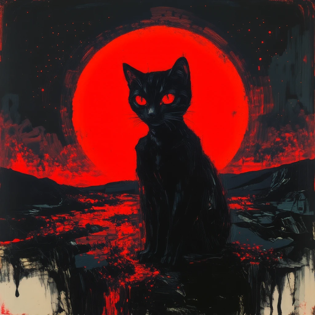 satanic cat, red moon, (art inspired by Bill Sienkiewicz). oil painting)