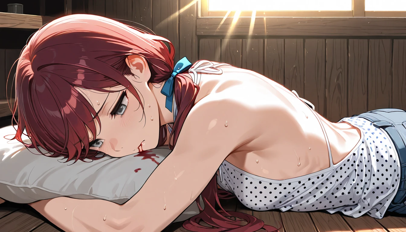 ((nsfw,1man and 1woman,pov,having sex:1.5)),Normal position,((perfect anatomy:1.2,realistic,:1.3,RAW Photography:1.3,masterpiece、highest quality、Ultra - High resolution、High resolution、Highly detailed CG、8K)),nsfw,cowboy shot,1 female,alone,20-year-old,beauty of japan,beautiful detailed face and eyes,big and gorgeous eyes,gray eyes,(red hair,short bob hair,bangs), (slender body,small head:1.4, skinny、small breasts),((injury、Beaten bruises:1.5)), glowing skin,oily skin,sweat,(naked,bara naked,nipples,cum in vagina,orgasm,love juice),lying,spread legs:1.5,arms up,simple bed、White bed sheets、old hospital room、old hospital、fantasy,medieval europe、natural sunlight、