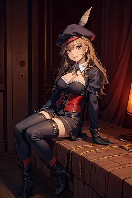 full body, highres, 8k, eyeliner, eyeshadow, makeup, Wool coat, A-line, double-breasted, with a scarf, gloves, and knee-high leather boots, hud_hrnd_wg, red long hair wig, bangs, horns, <lora:hud_hrnd_wg:0.5>, masculine,