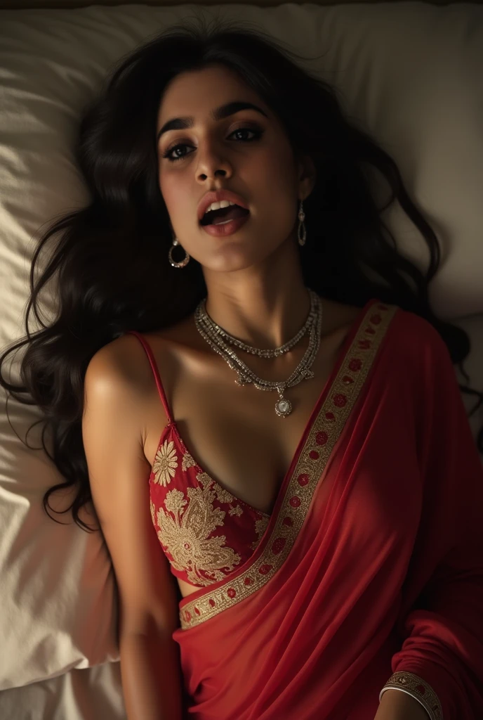 Realistic photography, beautiful nude Indian bride in red lehenga, sleeping on flowers bed, shuhagraat (Firstnight of marriage), flowers on bed, waiting for husband, 8K, high definition ,