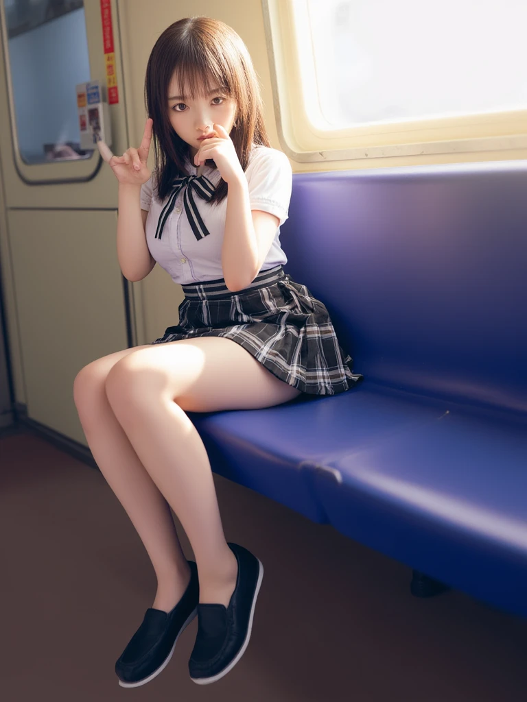 ((((highest quality))))、(((Ultra-precision CG16K wallpaper)))、(((masterpiece)))、(((Super detailed)))、(((super extreme details)))、((１Mature 24 year old woman:1.6))、((Very beautiful Japanese faceai Shiraishi:1.3))、((straight semi-long hair、blunt bangs:1.5))、(Shiny brown hair)、((clarity、delicate face:1.6))、beautiful delicate eyes、brown eyes、high nose、small nostrils、small mouth、seductive lips、beautiful breasts、((C cup size breasts))、cleavage、plump body、perfect proportions、perfect anatomy、perfect composition、beautiful detailed shading、beautiful natural lighting、beautiful detail glow、Depth of the bounds written、(((High chroma)))、(((real:1.9)))、((vivid:1.5))、((beautiful skin))、((skin texture))、((realな皮膚感))、(((full body shot:1.8)))、((Front view、Front low angle:1.5))、((shy smile:1.5))、(The woman is facing this way:1.5)、Bright daylight、Natural light、(((sitting on a train seat:1.6)))、(sitting pose:1.5)、(((Wearing a cardigan、High school girl uniform、Micro mini pleated mini skirt clothing、wearing high socks:1.6)))、((hair band、earrings、wearing necklace:1.3))、((Wearing black loafers:1.6))、