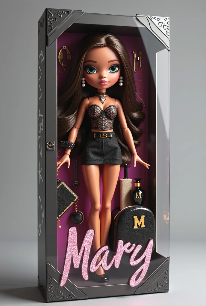 Funko 3D doll of a woman named "(Jhessii Moura)" featuring (hair long black, Caucasian skin , black gown,dark style), (segurando ou interagindo featuring um microfone ). O boneco Funko deve estar em pé ao lado da sua caixa featuring o logo e o nome "(Jhessi Moura)"