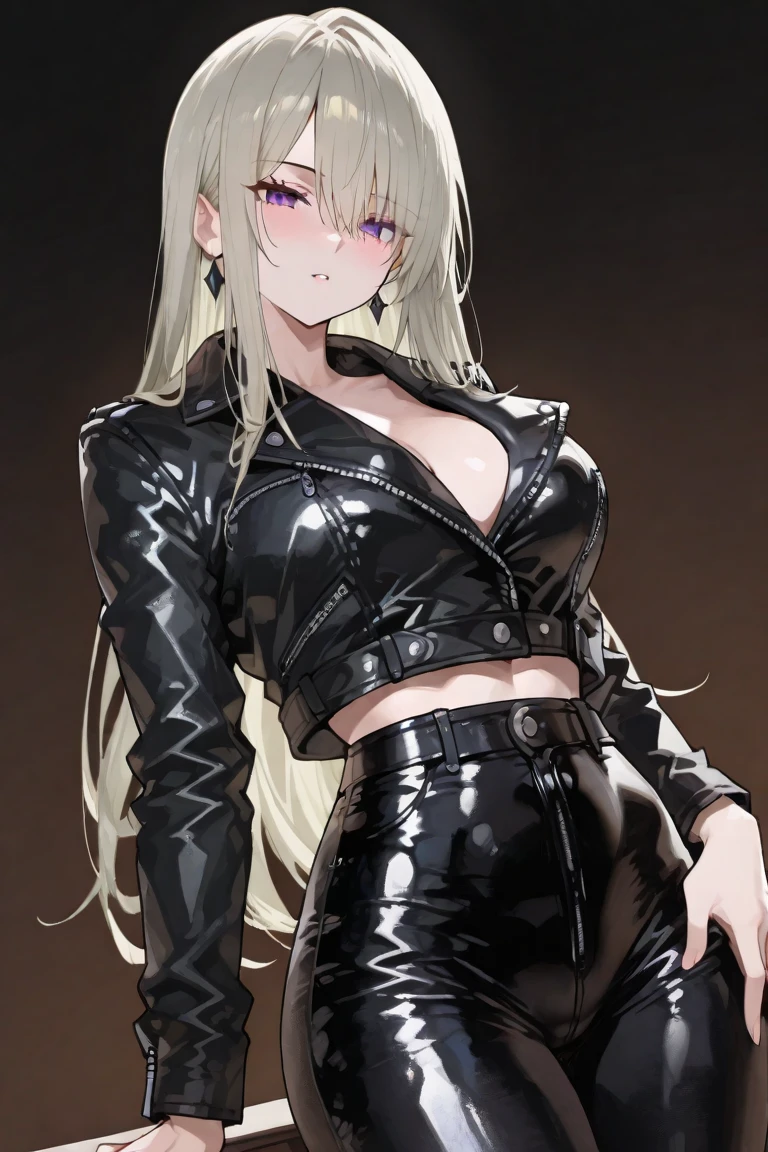 (((Adult woman))), ponytail blonde hair, (Pink eyes), black leather clothes