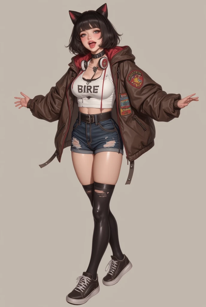 1 girl, alone, black fur, short hair, messy fur, Ahoge, grey eyes, blind eyes, kind eyes, very nervous, Beautiful smile, sweet look,
black boots, military boots, mesh netting, big square tights, denim mini shorts, minishort super cortos, long sleeve top, top gris, large jacket, denim jacket,
Multiple padlocks, chain accessories,
Exposed navel, hands in pockets, cigarette in mouth,
moto, chopper motorcycle, road