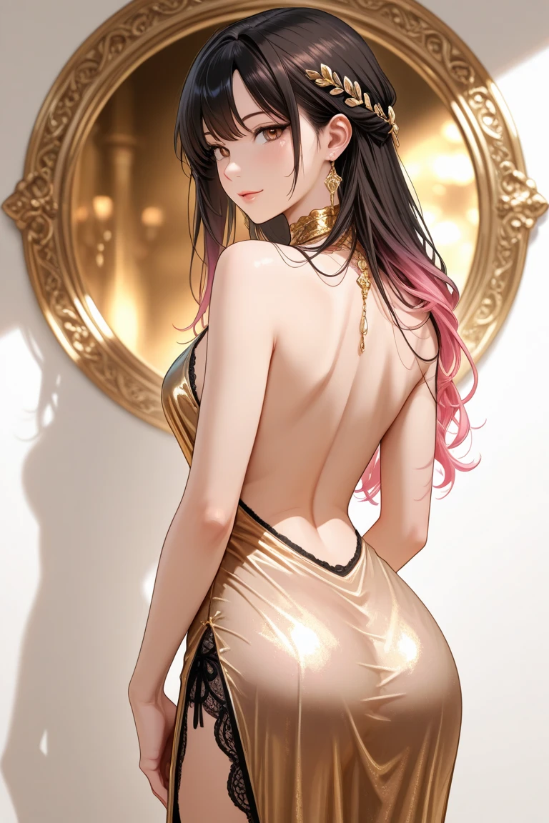 masterpiece,best quality,ultra detailed　,1girl　 ,black hair　 ,medium hair　 ,wavy hair　nude　Gold tattoos　Completely naked　gold decoration on the body　Body Art　smile