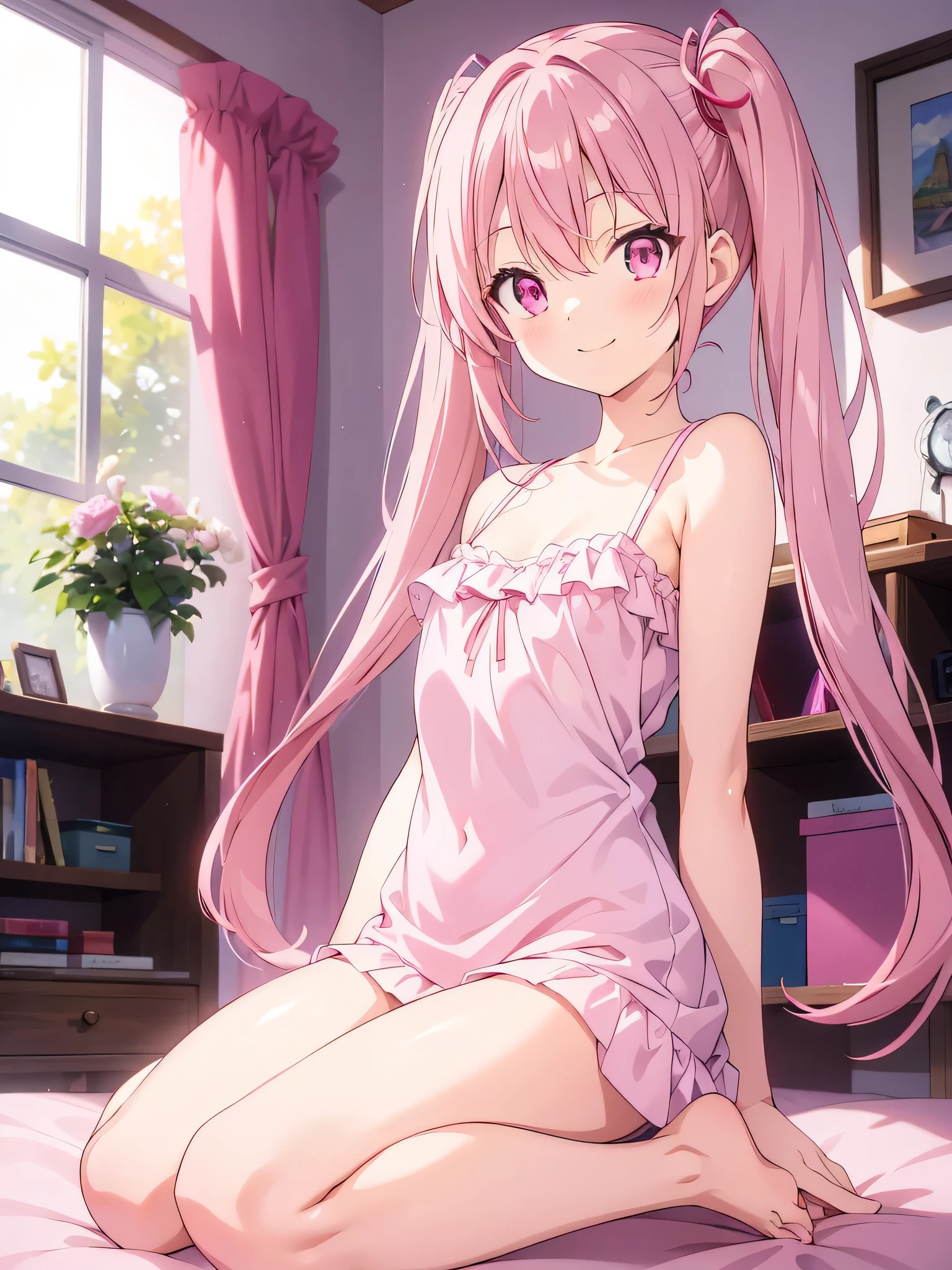 pink eyes, (anime:1.2), cute, masterpiece, Best Quality, high definition, highly detailed representation, Light background, smile, shadow, light source, small breasts, (barefoot:1.1), twin tails, pink hair, Sparkling, white camisole, my room, morning, living room,