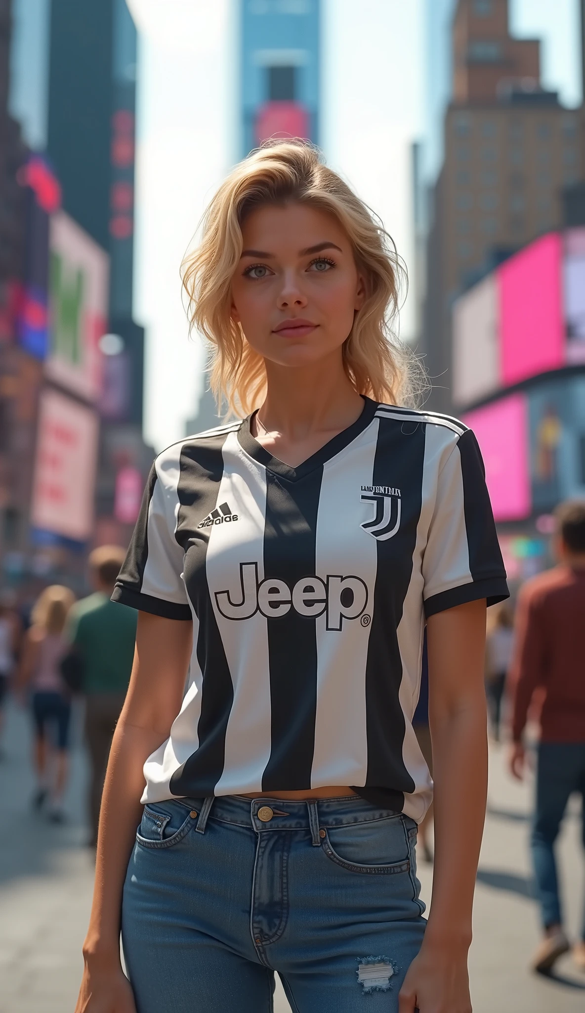 In high resolution images、A woman wearing a Juventus white and black striped shirt and denim pants is standing on the sidewalk in front of the Times Square Building、Places with a lot of traffic、ブロンドの髪とperfect body、Cute Juventus Shirt and Denim Outfit、Beautiful body and face、perfect body、 young and sweet girl 、25 year old girl model、Wearing denim、perfect bodyと顔、Nice young girl、full body highdefinition picture。