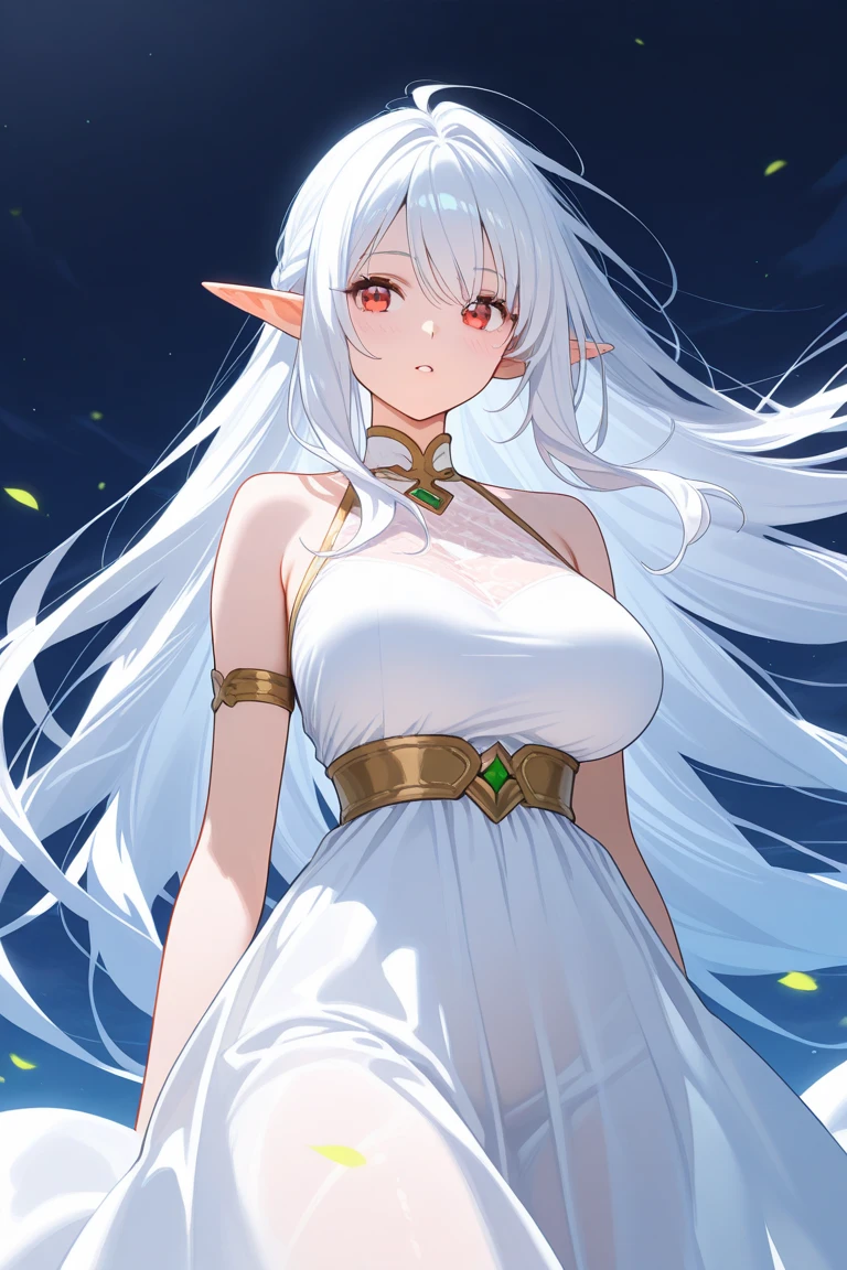 1girl, anime, cute girl, elf, blank background, white background, fantasy, detailed dark fantasy dress with highlights, beautiful face, beautiful eyes, dark colors, medium breasts, slight cleavage, beautiful skin, cute, silver hair, red eyes, breast curtains, extremely delicate and beautiful, (beautiful detailed face:1.0), (detailed deep eyes), symmetrical breasts, deep eyes, shiny skin, portrait, slender waist, hips wider than shoulders, thighs, young girl
