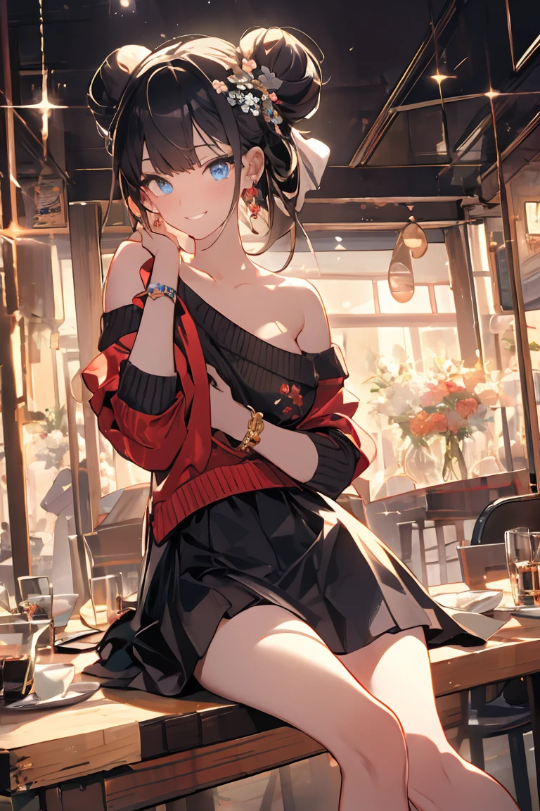 (((Masterpiece))),(((Super Detail))),(((in 8K))),(((best composition))),(((Rim lighting,Fireglow effect,deep shadow))),solo),Beautiful fingers,Detailed finger features,(Detailed hair features:1.7),(Dynamic and sexy bending pose:1.3),detailed facial features,detailed clothes features, (perky chest:1.1), (pointed chest:1.3), delicate beautiful face, Bright blue eyes, cute eyes, sparkling eyes, Big eyes, beautiful detailed eyes,double bun with glittering hair ornament:0.6,(super detailed glossy skin:1.3),slender body,goddess smile,((with sparkling eyes and a contagious smile)),beautiful posture,have a cup of coffee,black hair, red eyes, dress, bare shoulders, jewelry, collarbone, sidelocks, hairband, earrings, indoors, off shoulder, sweater, arms behind back, plant, short hair with long locks, white hairband, off-shoulder dress, sweater dress, off-shoulder sweater, red sweater, big side hair, very long side hair,(super delicate floral pattern:1.2),seductive cleavage:1.3,beautiful glossy legs,shiny red high heels,lifting dishes with cakesd,french restaurant,hustle and bustle,rising steam,(((depth of fields)))