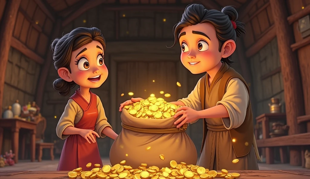 - **Prompt**: A heartwarming scene where the children are distributing gold coins and jewelry to the villagers, with everyone smiling and thankful.