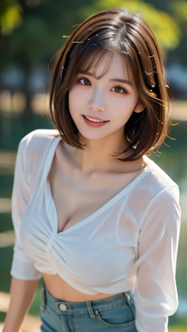 masterpiece, Best Quality, 8K, 20 yo, (Large breast:1.2), cuddly, Solo, smile shyly, close up, Cute, Girly, Delicate girl, Neat and clean beauty,  Raw photo, Professional Photography, Portrait, Soft light, Professional Lighting, Back lighting, Upper body, Looking away, Sophisticated, Film grain, (Eyes and faces with detailed:1.0), short length floating hair , beautiful flowing hair, bangs, silk blouse,