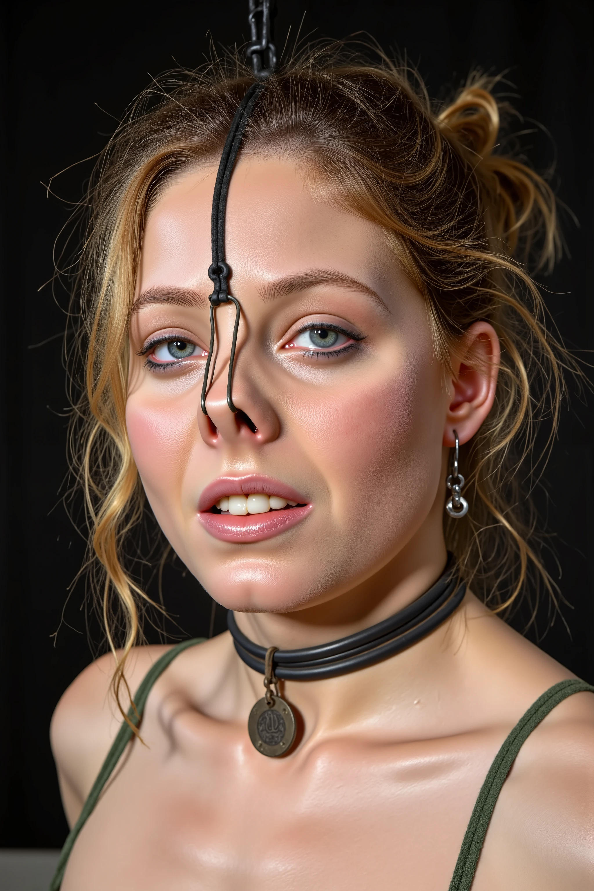 A high resolution photograph of a mature actress, masterpiece, photo-realistic, natural lighting, film grain, portrait, fashion shoot, solo, 1girl, off-shoulder dress, blonde hair, detailed face, detailed eyes, sophisticated nose, pale skin, fine-textured skin, full smile, (pet-collar with tag, nose hook with chain wrapped around top of her head, nose hook makes her nose look like a pig snout, hooking in her nostrils:1.5), (profile, side view, view from below, facing up, chin-up, face focus:1.4), close-up of face, simple background,,