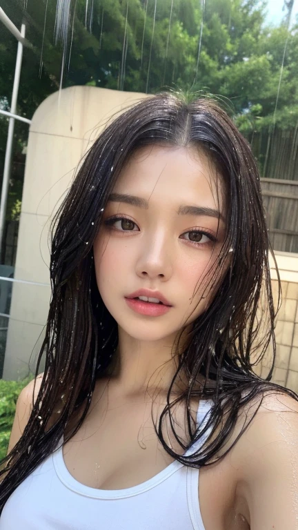 ((highest quality, 8K, masterpiece: 1.3)), sharp focus: 1.2, beautiful woman with perfect body: 1.4, slim belly: 1.2, ((layered haircut, big: 1.2)), (No bra) (small, beautiful and hard (thin moist buttons up to shirt length: 1.1), (dark blue wet from rain: 1.3), (rain, street: 1.2), wet body: 1.1, Highly detailed face and skin texture, fine eyes, double eyelid, sunburned skin, sexy, sunburned, Nogizaka Idol, korean idol, idol sculpture,