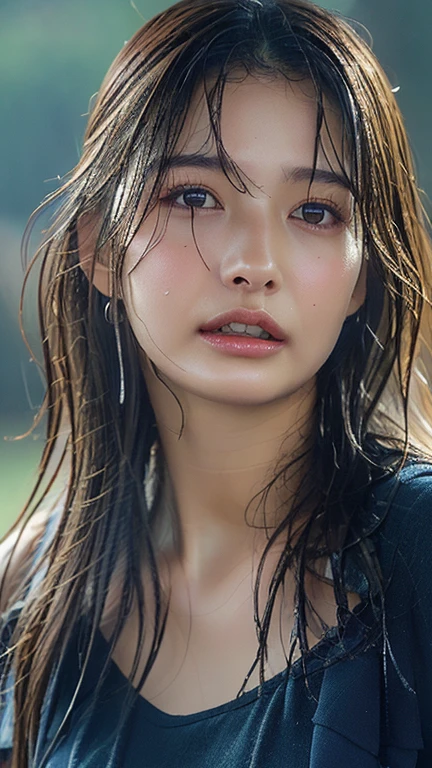 ((32k, Highest quality:1.5, masterpiece, Ultra-high resolution, Photorealistic)), Low angle:1.5, One Girl, 22 years old, Street Corner, summer night, (((Extremely realistic cum shower))), Highly detailed face and skin texture:1.2, ((Looking up at the sky, Slender beauty gets soaked in a rain of realistic semen:1.4)), (Realistic semen rain dripping all over your body:1.2, Wet your hair, Wet clothes:1.1, Semen on the skin), (School_uniform, The button is not closed, Wet Bra),(Dark Blue Blazer), (White shirt、Wear a tie), (Dark blue pleated skirt), (Sculptural installation :1.1), ((Open Valley, Her breasts are larger than her very large face.:1.1)), (Frozen erotic poses and erotic expressions:1.4), Silver Necklace, Blurred Background, Very beautiful face, Upper body only, Low angle:1.5