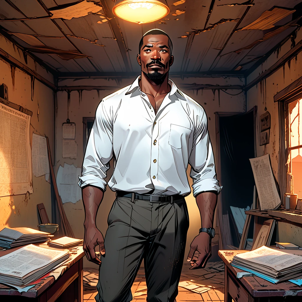 desert, inside African hit, room, TV on the table, ruin, damaged adobe building with crumbling walls, open mouth, scared, sweaty, sweat, (graphic novel style, dark novel style),(anime),(masterpiece:1.4), (colourful, soft cinematic light:1.1), incredibly lifelike, Extremely high-resolution details, 8k, best quality, extremely detailed, contrast, fat african man in white classic shirt and black classic pants standing inside hut, pear-shaped body, pear-shaped head, pear-shaped face, bald, mustache, round brown eyes, black skin, round cheeks, round nose, round chin,