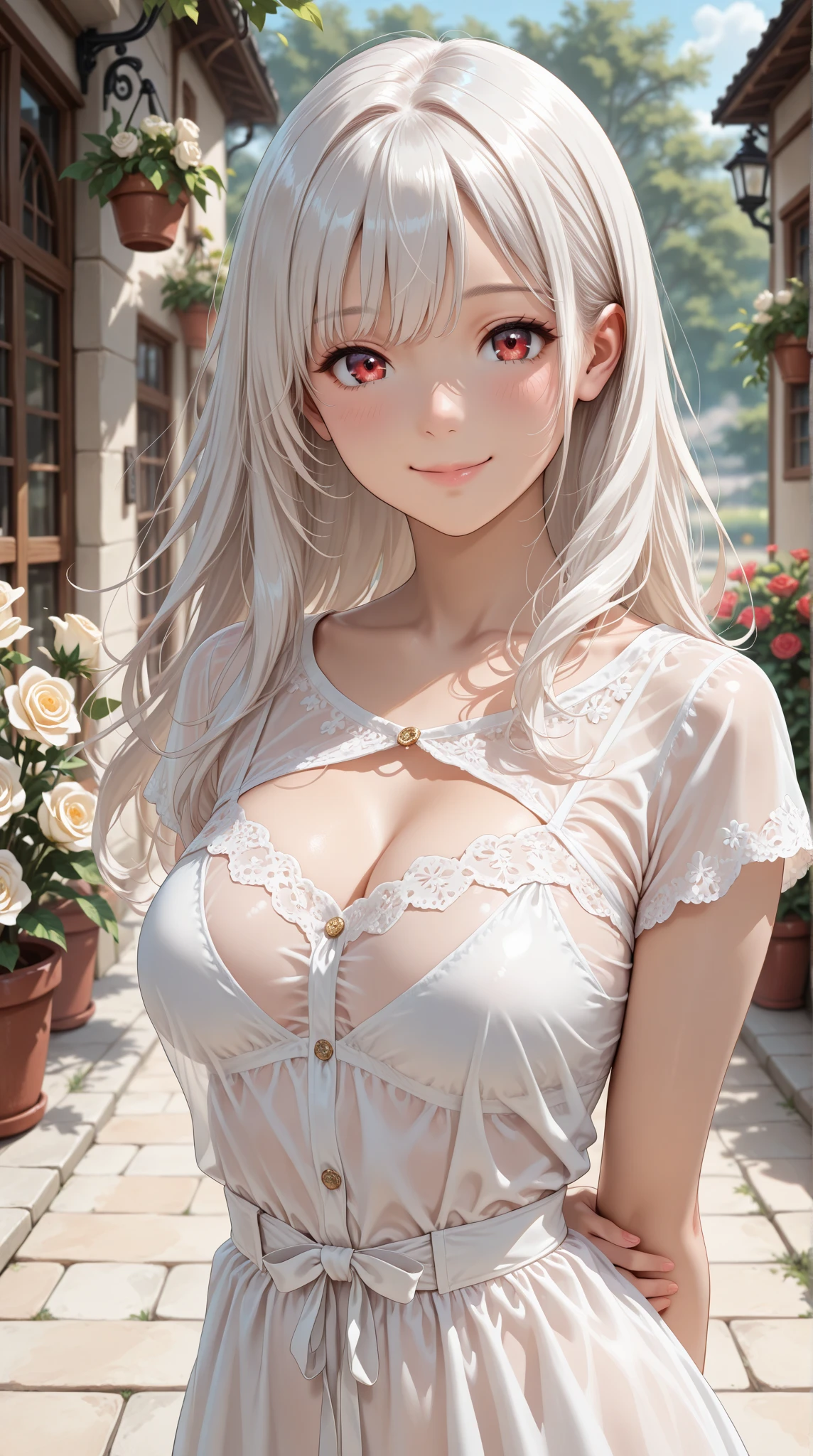 (masterpiece:1.2, best quality), (real picture, intricate details), 1lady, solo, upper body, casual, school setting, long hair, minimal makeup, natural fabrics, close-up face, smile, school, long light platinum blonde hair, bangs, hair bangs, bangs between eyes, green eyes, big breasts, big tits, big butt, skirt, cute and sexy, cute, sexy, sweaty, sweat, sweat on tits, sweat on thighs, detailed