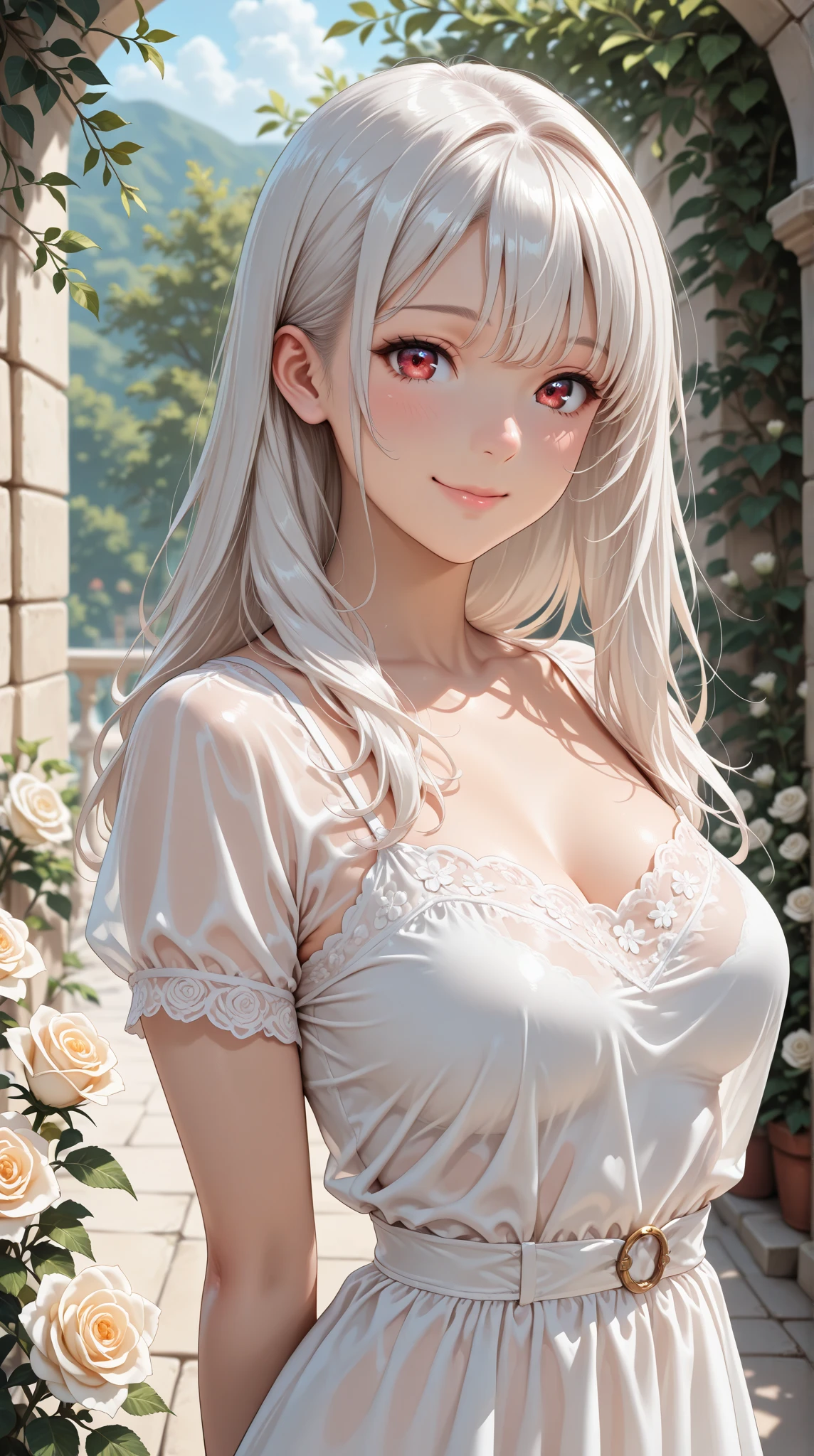 with brown skin(tmasterpiece,:1.2,best qualityer),(1lady,独奏,Upper body body:1.2),garments:Pajamas accessories:Issuing ,naturey,Glowing skin,Brown skin behavior:Shyness blush,Smile location:Bedrooms,Brownish-yellow eyes,gigantic cleavage breasts,long white hair,with brown skin