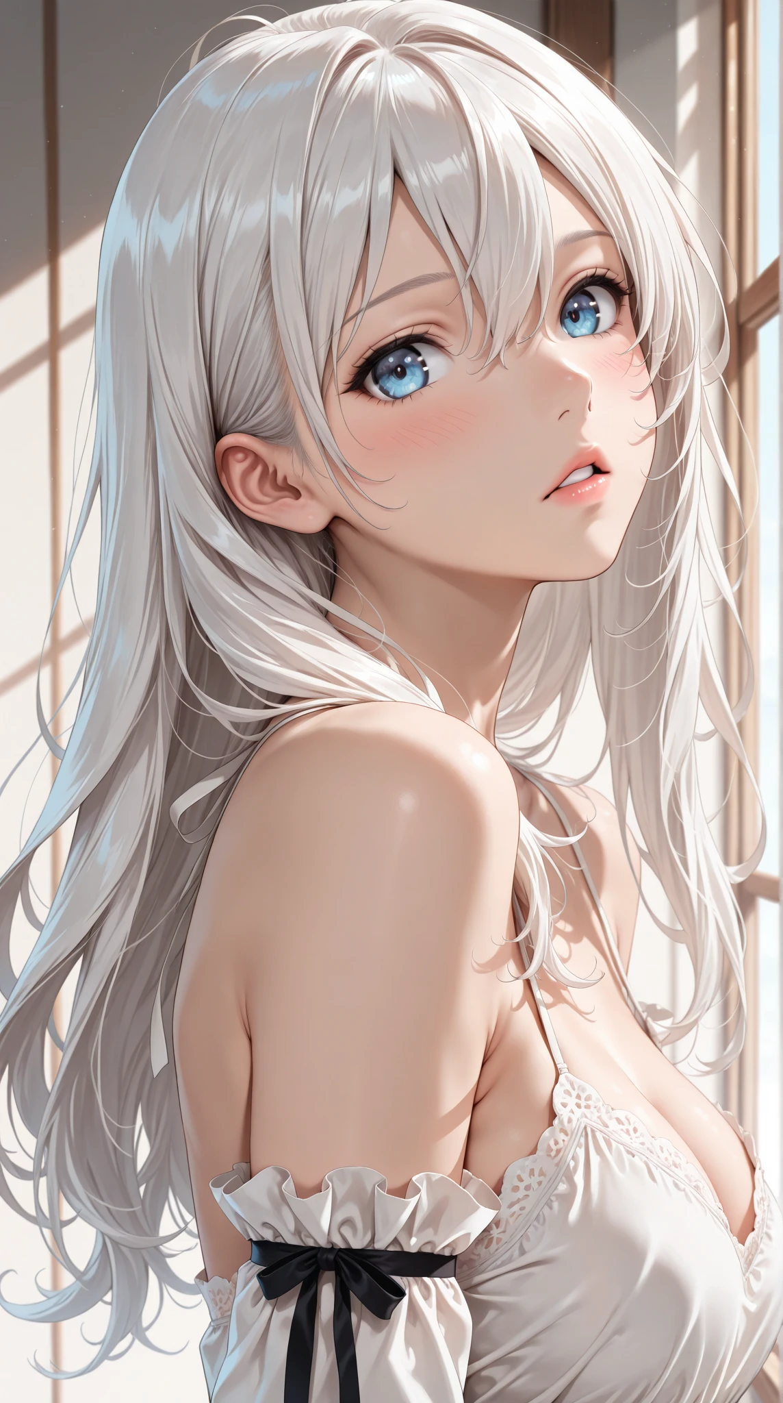 masterpiece, best quality, (realistic:1.3), (perfect face), intricate, beautiful scenery, beach, sunset, from below, face focus, 1girl, white hair, swimsuit, cleavage, kneelig, blush, happy, looking at viewer, <lora:LowRA:0:8>