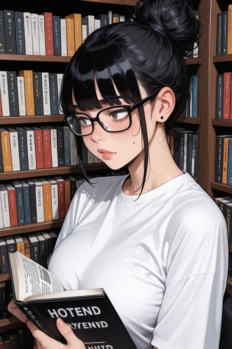 16K Ultra High Definition
Super detailed
The best of the best
Shiny detailed hair
Beautiful human woman with long hair
Super Big plump meat
Black and white cow print kimono
Cow ears and cow small horns
Shiny skin
Red cheeks
Moisturized eyes
Wearing glasses
Reading a book at a desk
Rich breasts on desk on library background