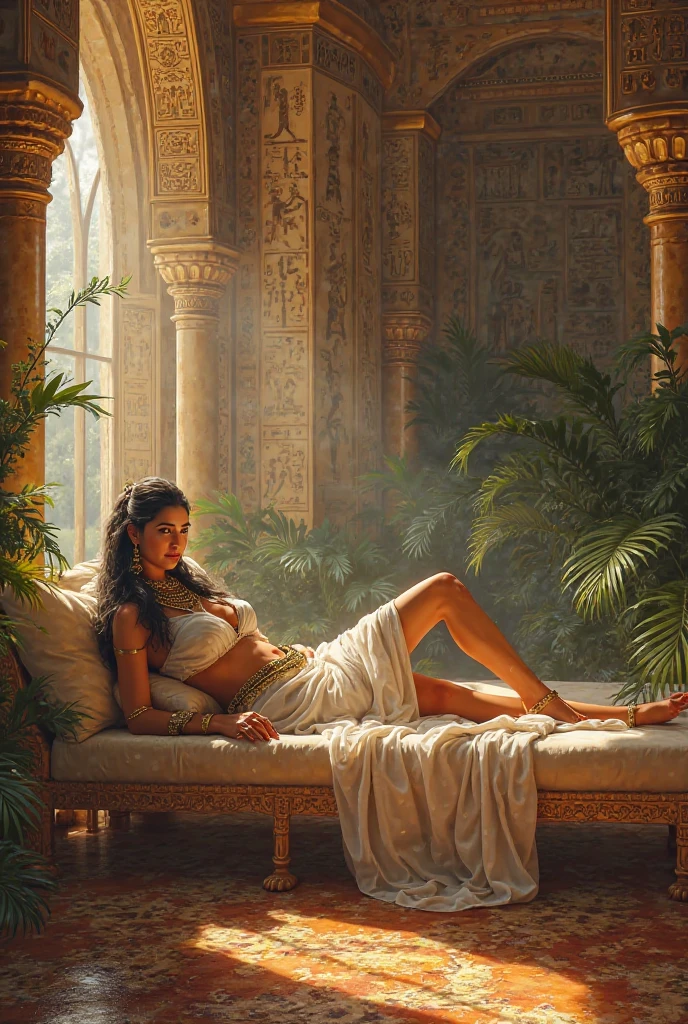 Naked Silver Queen, Closeup, full body, beautiful face, sitting on the royal Silver throne, in interior hall of an enchanting ancient Silver Indian royal palace, adorned in an exquisite Silver jewellery dress, Walls decorated with by a Royal Interior relief sculptures of kamasutra, emitting an alluring and magical aura, high quality, high detailed face. High detailed face.