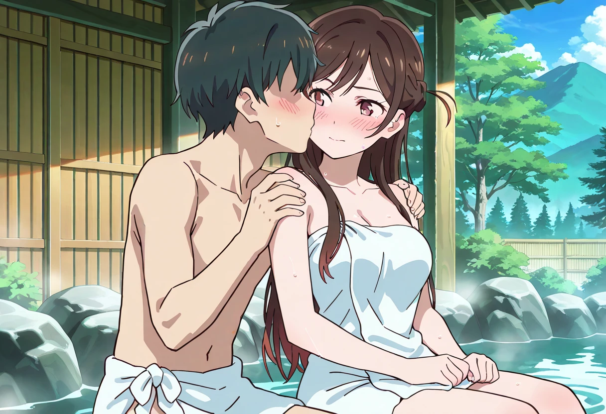(masterpiece), (best quality), (night), (onsen:1.4), (bathing:1.8), (partially submerged), (bgrab:1.6), (man breasts grab:1.8), (man behind girl:1.2), (upper body:1.5), (girl up) (topless), (bottomless), (nude:1.4), (1girl), (1girl:black hair:1.2), (1girl:long hair), (1girl:huge breasts), (1girl:nude), (1girl:nipples), (1girl:size difference), (1girl:looking at viewer:1.3), (beautiful detailed face), (beautiful detailed eyes), (man), (man:ossan:1.5), (man:fat man:1.2), (man:ugly man:1.2), (man:age difference),