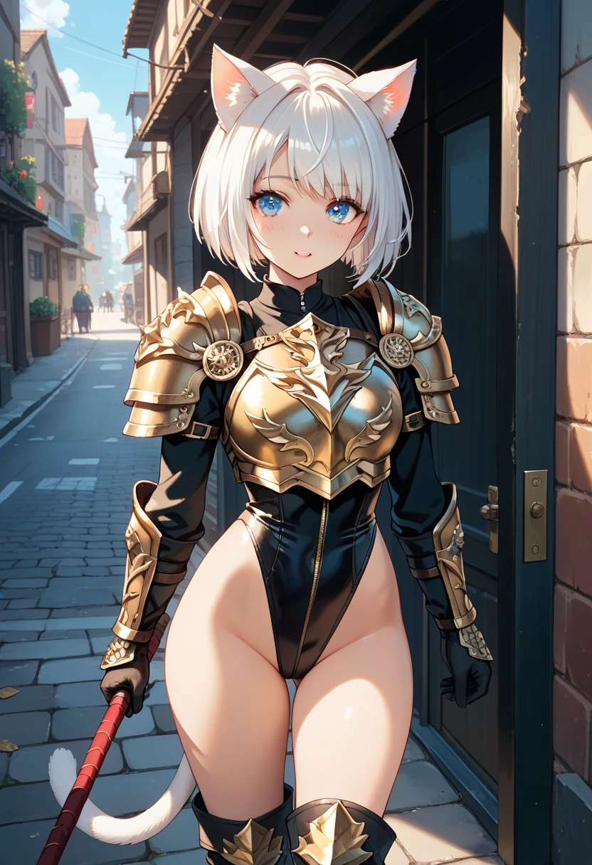 20 years old woman, milf, beautiful, short blonde hair, blue eyes, pale white skin, amazing Body, big breasts, thick thighs, milkmaid, super micro small translucent open dress, without bra, pose simple, blurred background. No blur lines, perfect lines and details, (masterpiece), small armor that barely covers her. No panties, perfect detailed colors and shadows, full body picture. Erotic woman, most erotic and sexy girl on the planet, nsfw, most beautiful face, deep cameltoe, showing nipples, nsfw, in the top of a building, small sexy bra armor