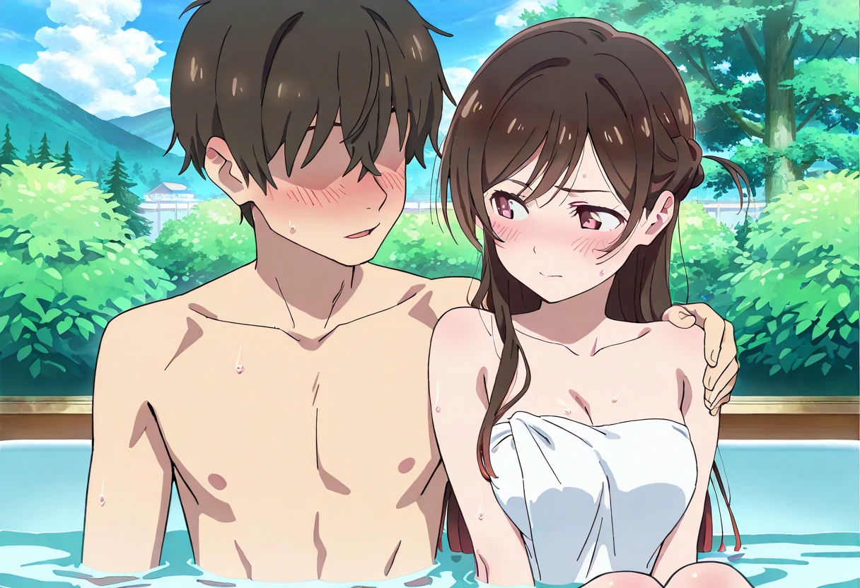 Highest quality,masterpiece,Black Hair,Hot Spring Drama Shooting,Completely naked,actress,During a break,Chatting with a male co-star,Embarrassing,Nipples,Pussy,Thin pubic hair