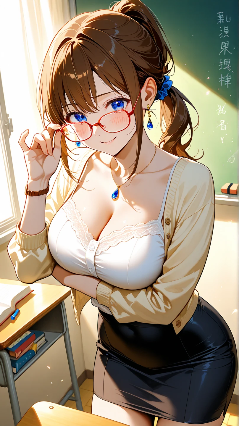 high quality.ultra-detailed.sharp focus.crisp quality.vibrant colors.rich contrast.photorealistic.cinematic lighting.HDR.detailed textures.realistic.high resolution.enhanced details.One beautiful woman、Beautiful, top quality, special, playful breast teasing, flirty flirtatious glances, teasing charm, subtle hint of cleavage, subtle bra peeks, bra transparency, chic elegant formal wear, stylish blouse, professional yet attractive outfit Seductive micro tits, shyly preening, playful peeks, seductive face and breast close-ups, gold-rimmed round glasses, smart school teacher, school classroom.
