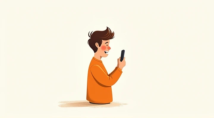 A man with short brown hair in an orange shirt staring at his phone while his wife offscreen tells him she’s pregnant, cute flat illustration, minimalistic, like art, stick figure, white background, digital drawing, no text, no watermark, soft shadow.